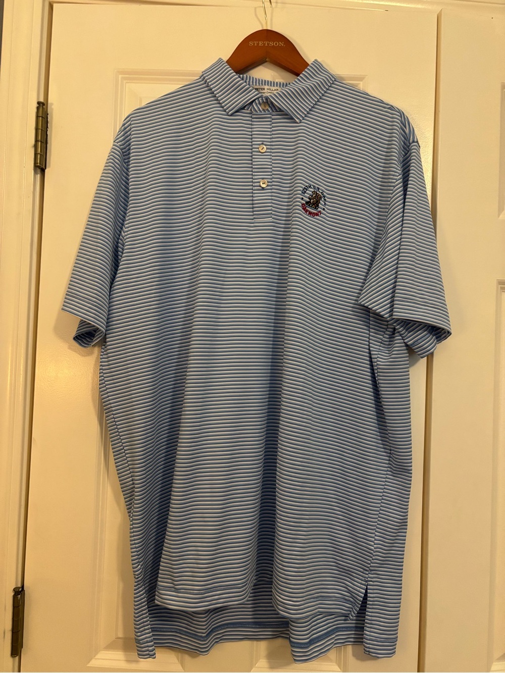 Peter Miller 125th U S Open Light Blue Striped Polo Shirt with Embroidered Crest